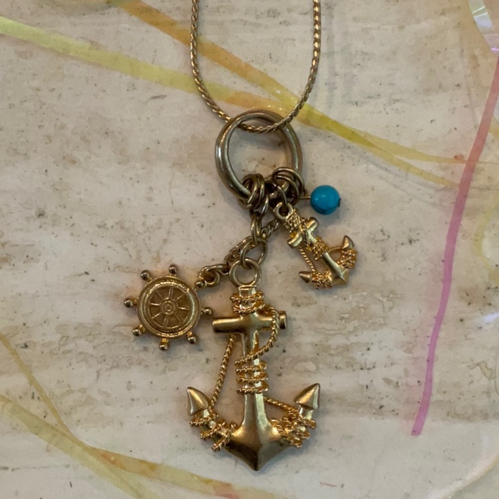 Nautical Necklace Anchor Charms Boating Wheel Gold Tone Charm & Chain Cruise